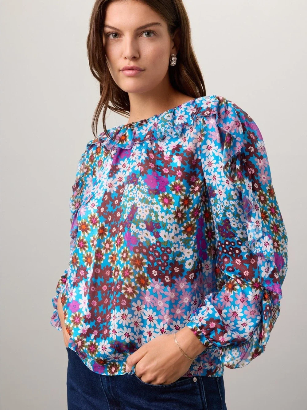 Kate Spade Pacific Petals Silk Chiffon Blouse Aruba Blue Ruffle Small NWOT
